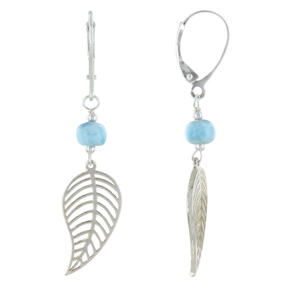 LES POULETTES BIJOUX - Boucles d'Oreilles Dormeuse Feuille Argent et Perle de Larimar