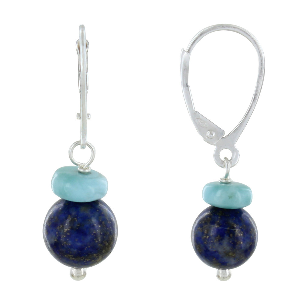LES POULETTES BIJOUX Boucles d'Oreilles Argent Dormeuse Rondelle de Larimar et Perle