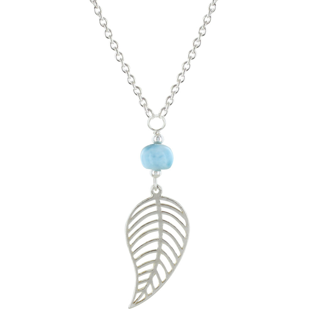 LES POULETTES BIJOUX Collier Chaine Argent Rhodié Feuille et Perle de Larimar