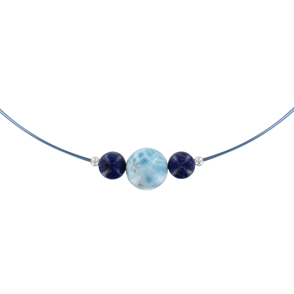 LES POULETTES BIJOUX Collier Argent Câbles Bleu Perle de Larimar et 2 Perles de Lapi