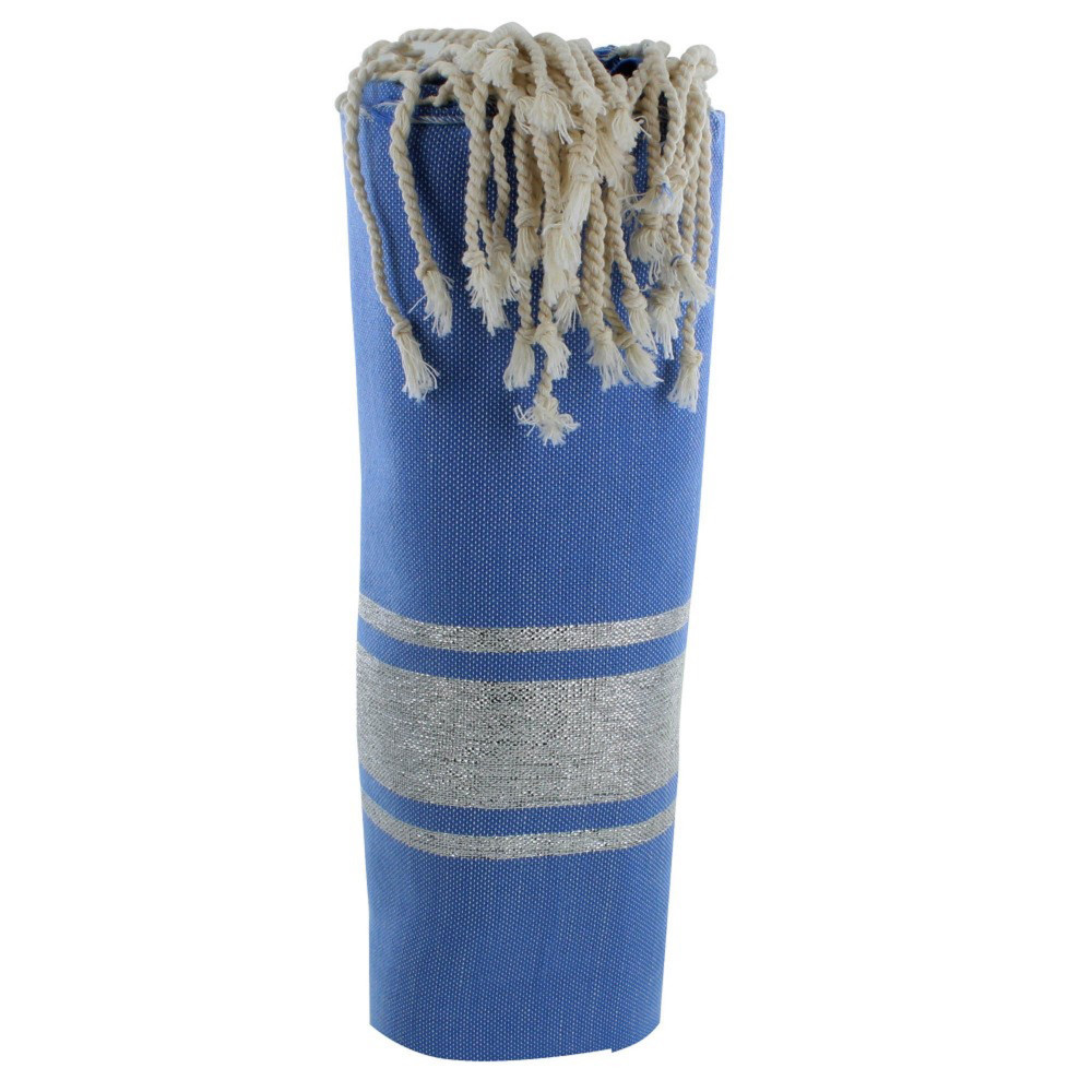 LES POULETTES BIJOUX Fouta Drap Plage et Hammam Coton Bleu Foncé Rayé Lurex Argent 1
