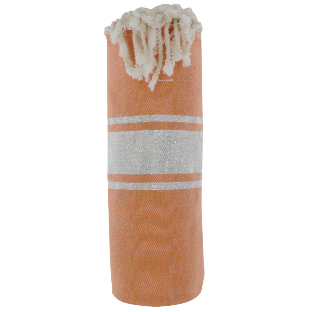 LES POULETTES BIJOUX Fouta Drap Plage et Hammam Coton Orange Rayé Lurex Argent 100 x