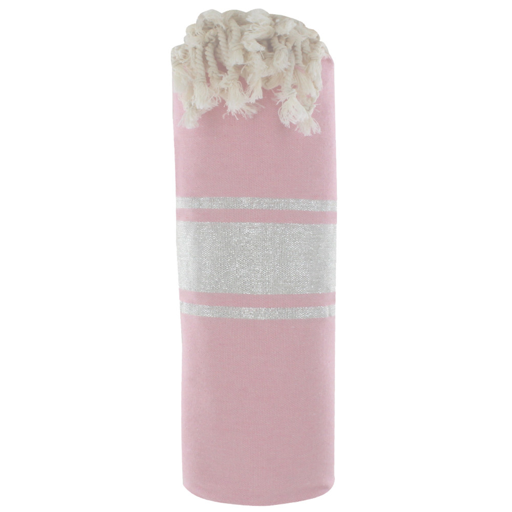 LES POULETTES BIJOUX V Fouta Drap Plage et Hammam Coton Rose Rayé Lurex Argent 100 x