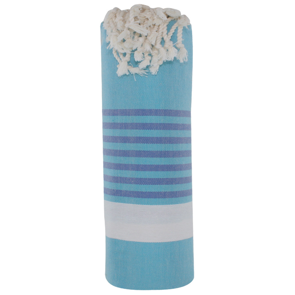 LES POULETTES BIJOUX V Fouta Drap Plage et Hammam Coton Couleur Turquoise Bande Blan