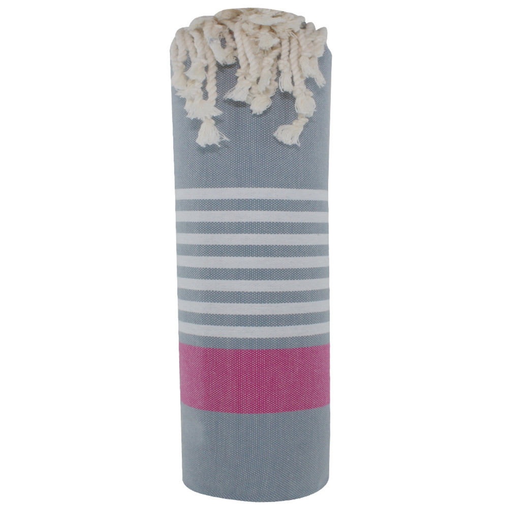 LES POULETTES BIJOUX Fouta Drap Plage et Hammam Coton Couleur Gris Foncé Bande Fuchs