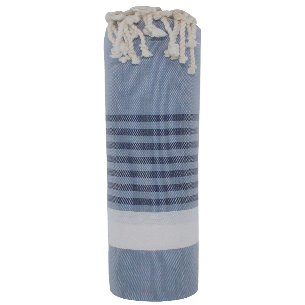 LES POULETTES BIJOUX - V Fouta Drap Plage et Hammam Coton Couleur Gris Bleu Bande Bl
