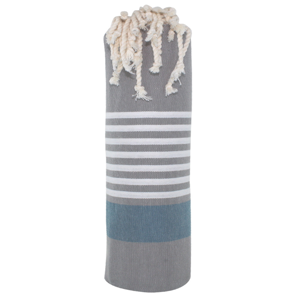 LES POULETTES BIJOUX Fouta Drap Plage et Hammam Coton Couleur Gris Foncé Bande Bleu