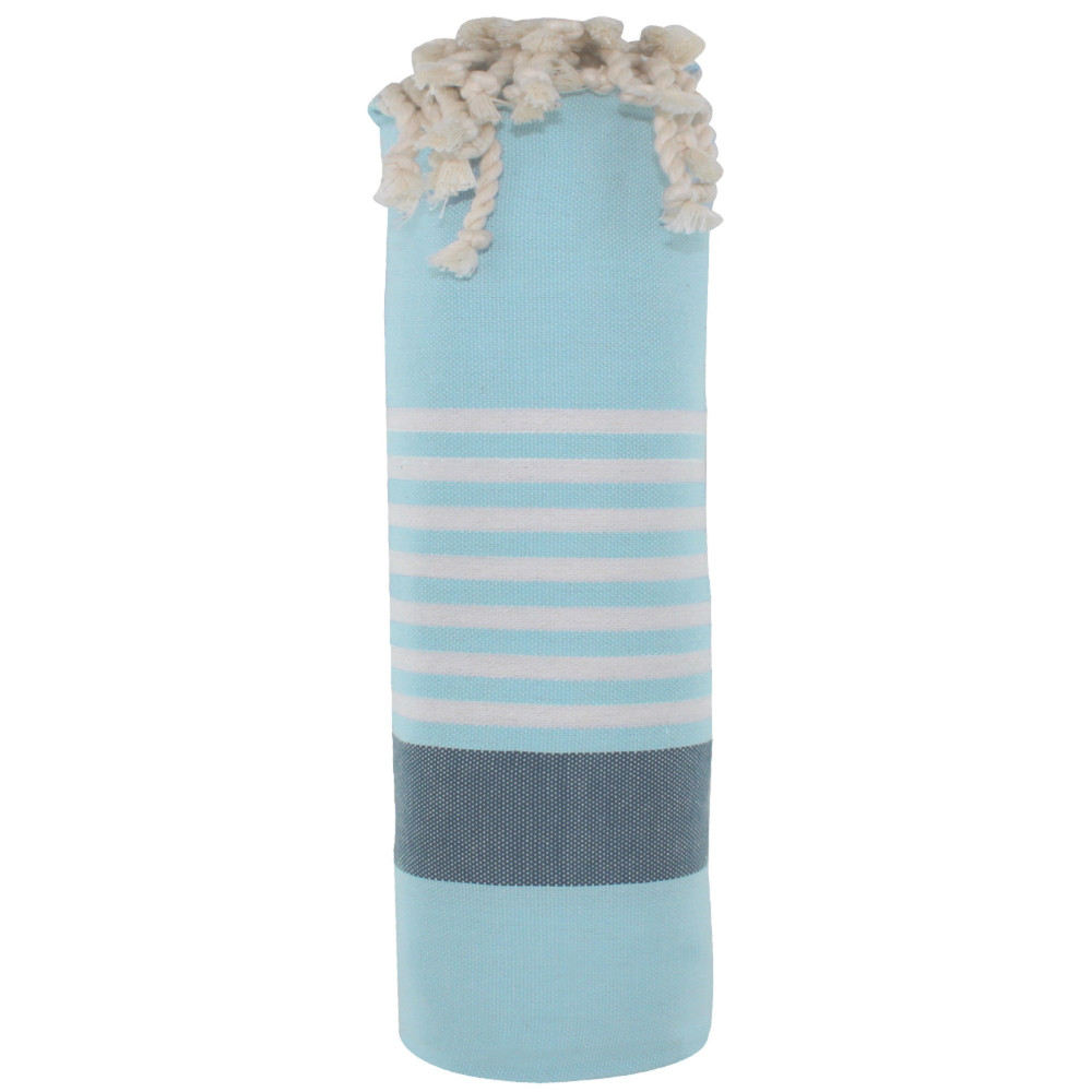 LES POULETTES BIJOUX Fouta Drap Plage et Hammam Coton Couleur Bleu Ciel Bande Bleue