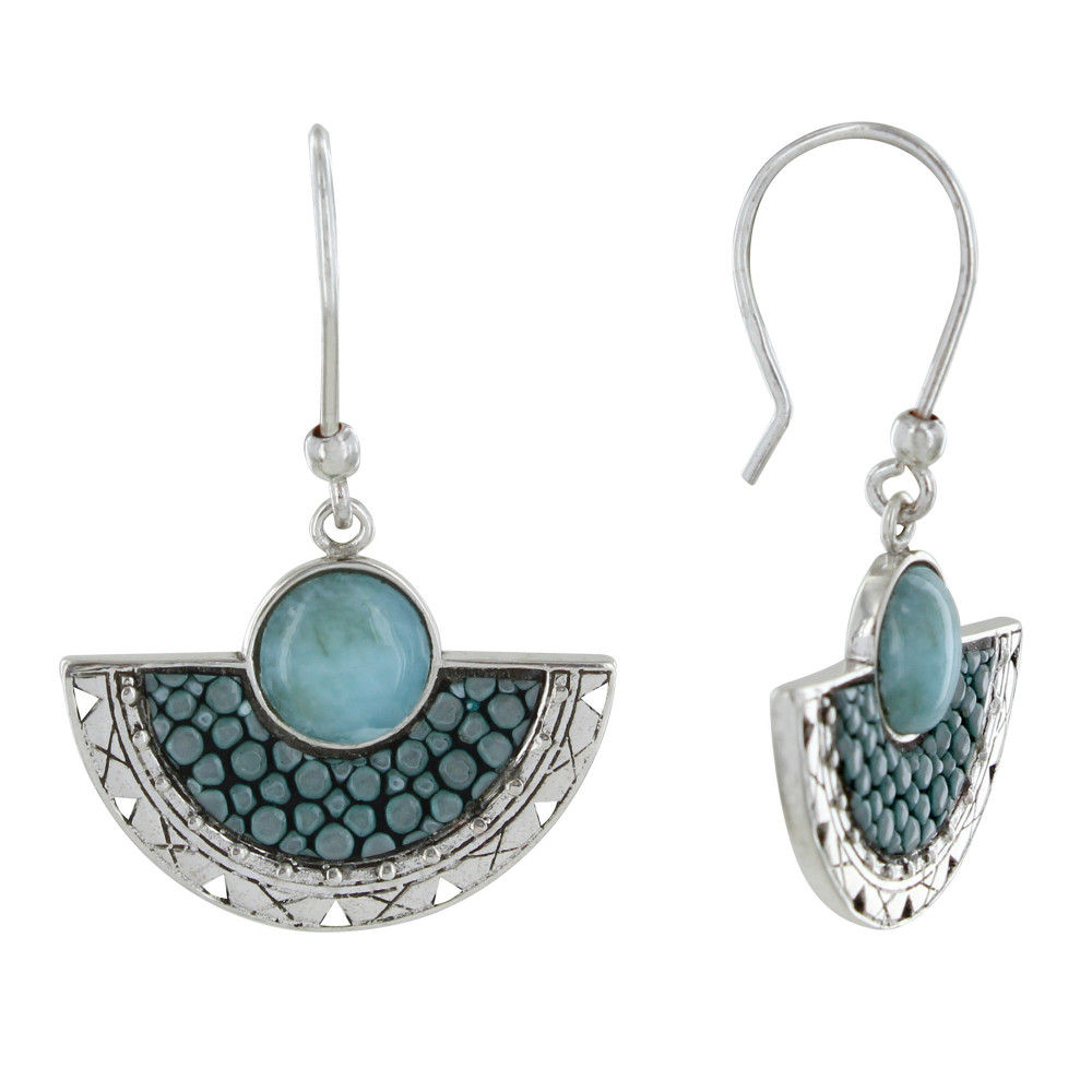 LES POULETTES BIJOUX Boucles d'Oreilles Argent Eventail de Cuir et Perle de Larimar