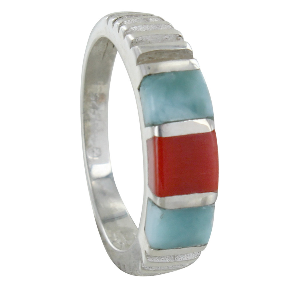 LES POULETTES BIJOUX - Bague Argent 925 Deux Carrés de Larimar et Un Carré en Corail