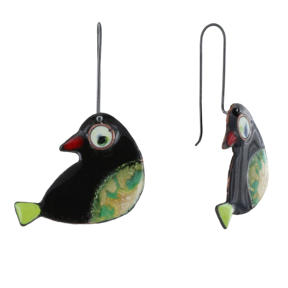 LES POULETTES BIJOUX Boucles d'Oreilles Oiseaux émaillés Noir