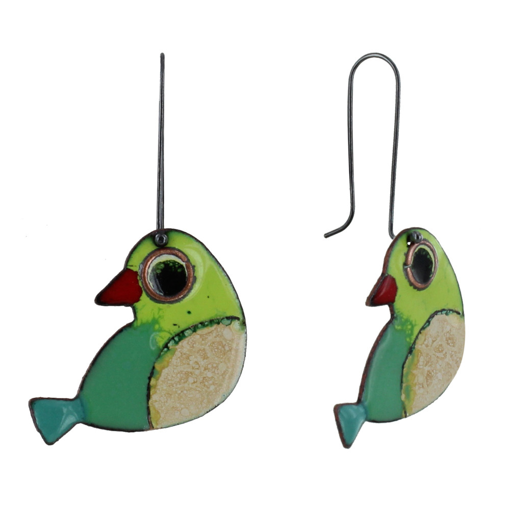 LES POULETTES BIJOUX Boucles d'Oreilles Oiseaux émaillés Vert