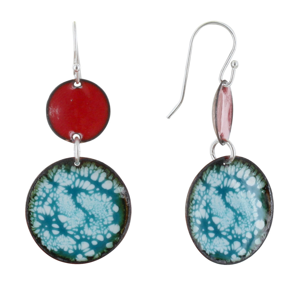LES POULETTES BIJOUX Boucles d'Oreilles Deux Pastilles émaillés Rouge et Bleu Vert
