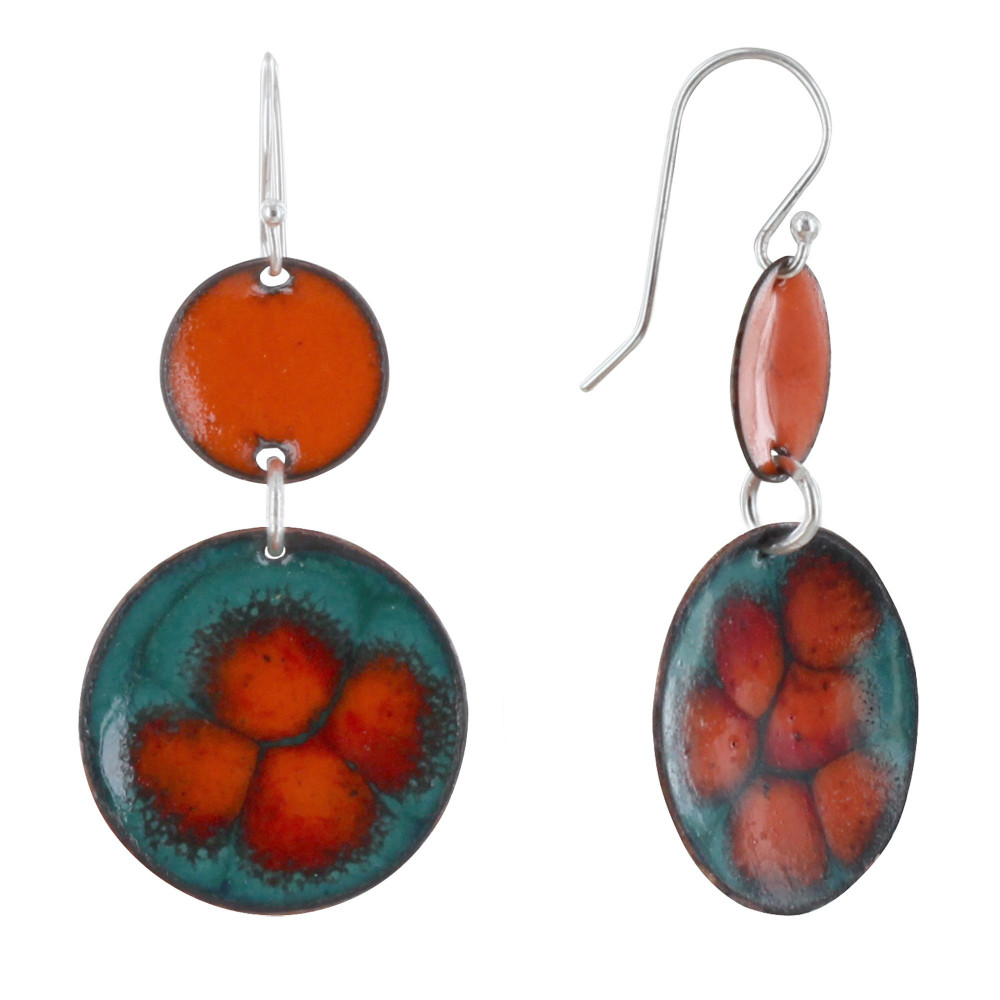 LES POULETTES BIJOUX Boucles d'Oreilles Deux Pastilles émaillés Orange et Bleu Vert