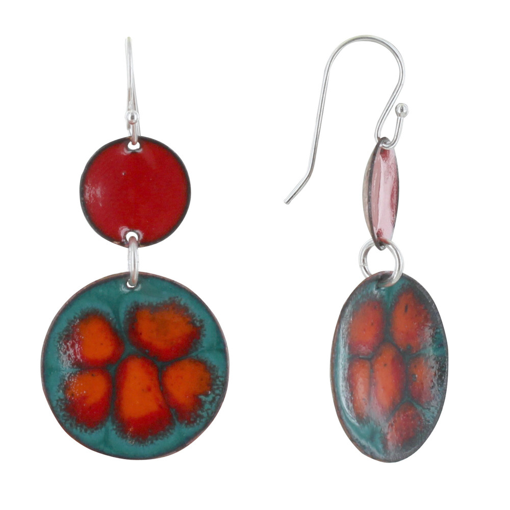 LES POULETTES BIJOUX Boucles d'Oreilles Deux Pastilles émaillés Rouge et Bleu Vert à