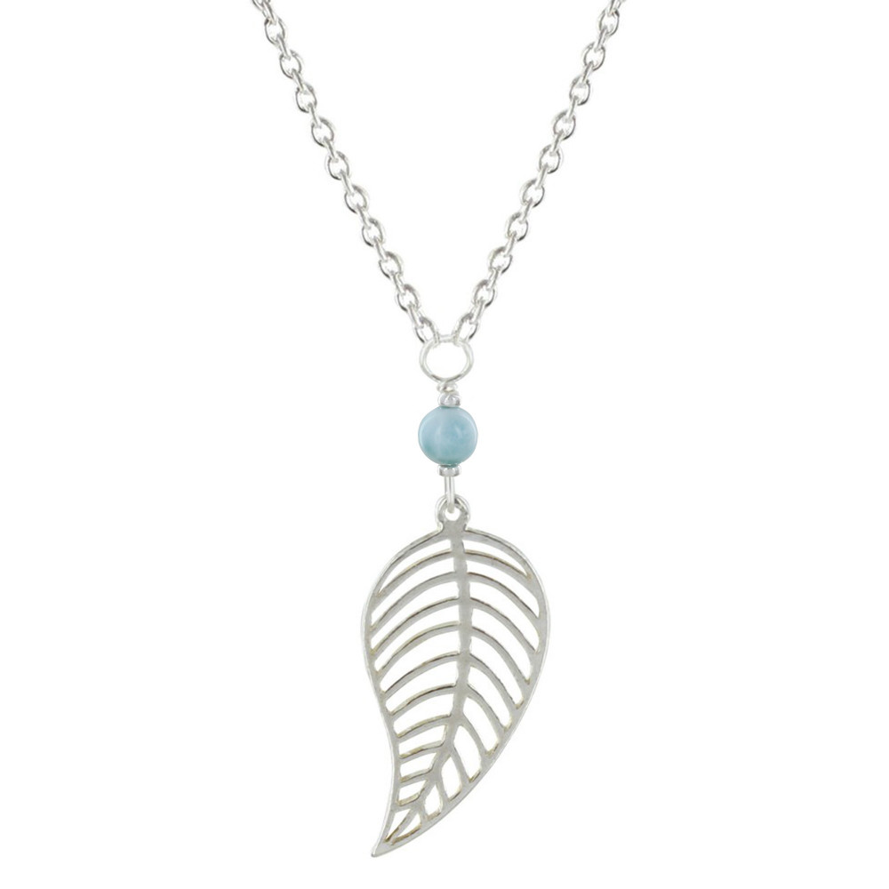LES POULETTES BIJOUX Collier Sautoir Chaine Argent Rhodié Feuille et Perle de Larimar