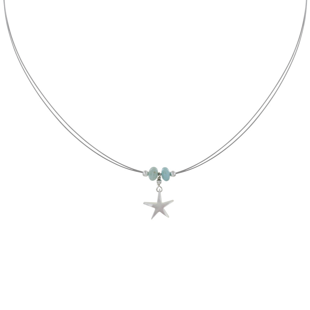 LES POULETTES BIJOUX Collier Câbles Argent Etoile de Nacre et Rondelles de Larimar