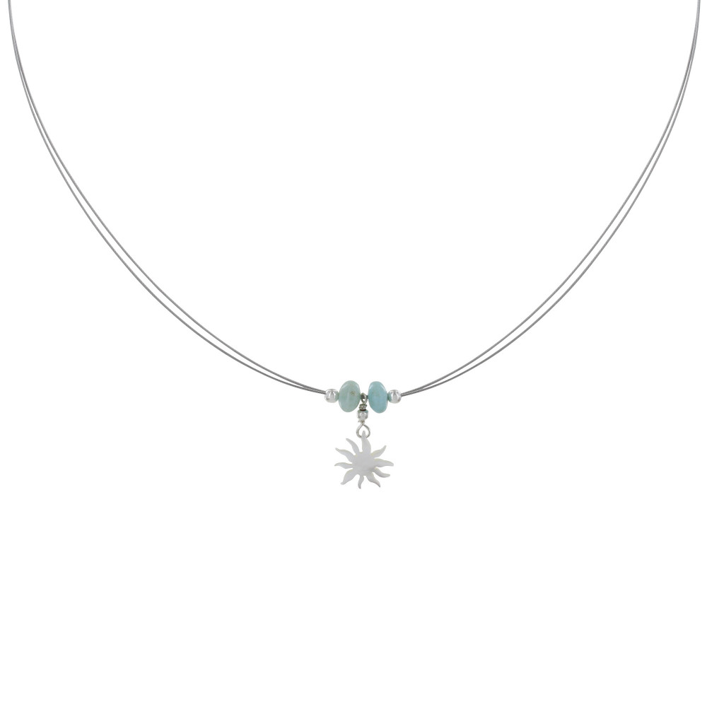LES POULETTES BIJOUX Collier Câbles Argent Soleil de Nacre et Rondelles de Larimar