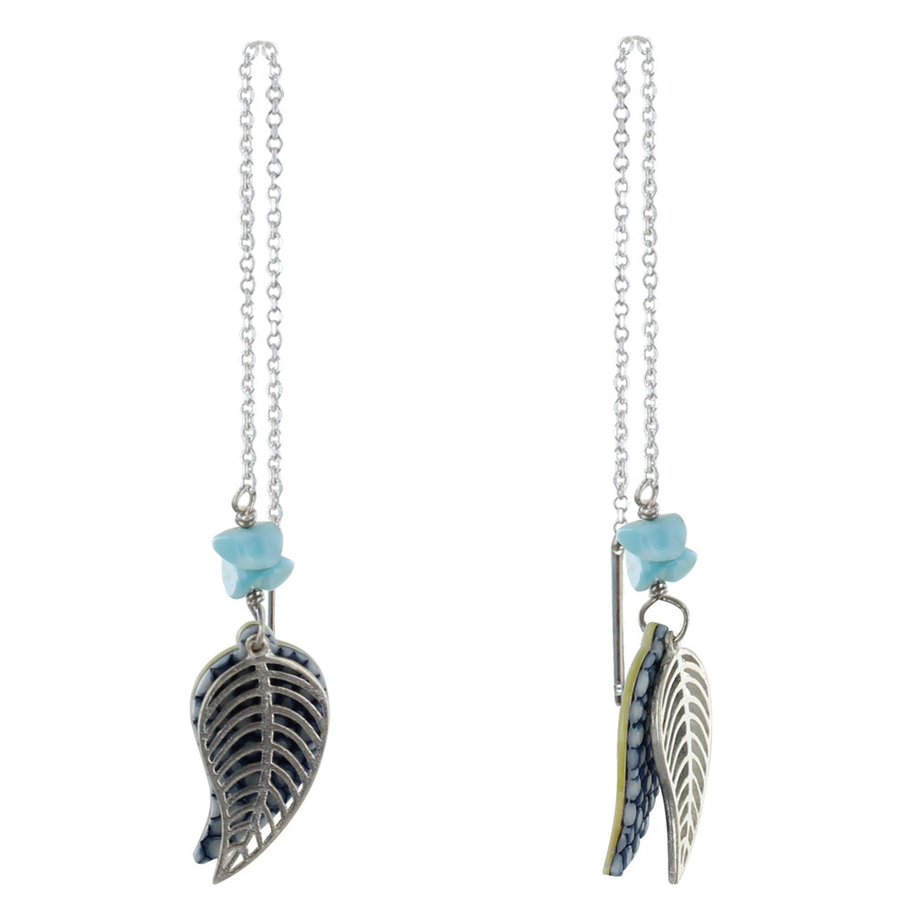 LES POULETTES BIJOUX Boucles d'Oreilles Feuilles de Cuir et Argent Pépites de Larima