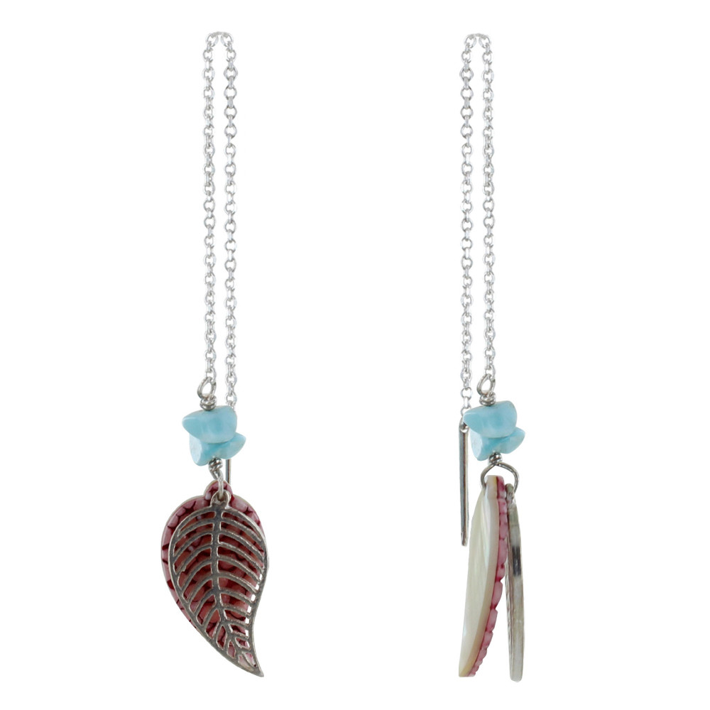 LES POULETTES BIJOUX Boucles d'Oreilles Feuilles de Cuir et Argent Pépites de Larima
