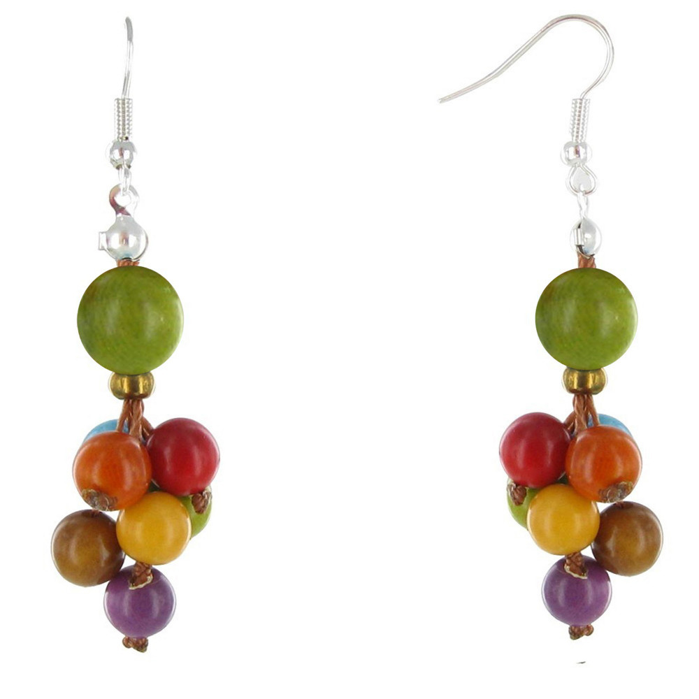 LES POULETTES BIJOUX Boucles d'Oreilles Bouquet de Perles de Tagua Multicolore Eté