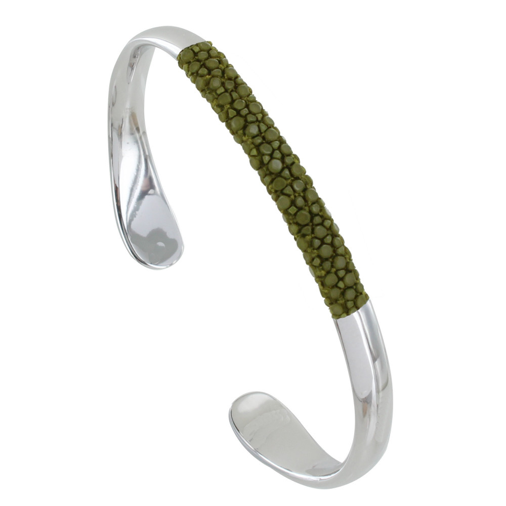 LES POULETTES BIJOUX Bracelet Mixte Demi Jonc Laiton Rhodié et Cuir - Vert
