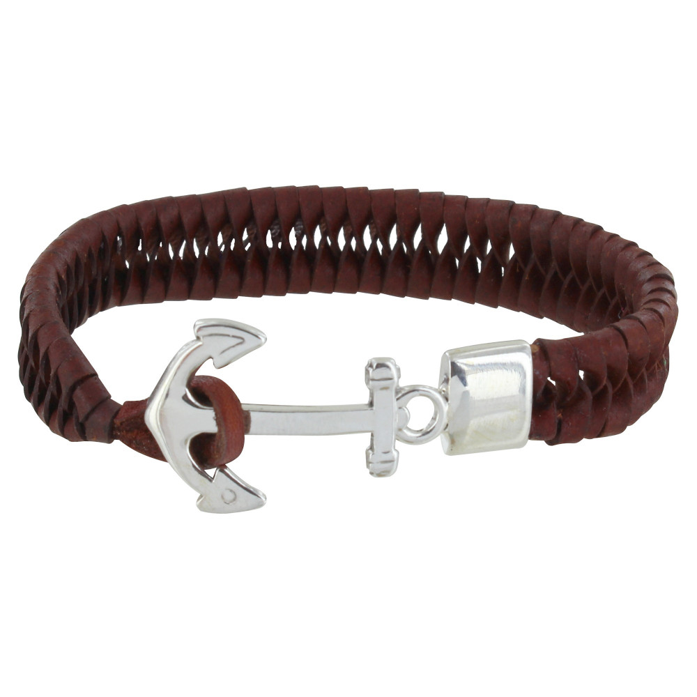 LES POULETTES BIJOUX - Bracelet Homme Ancre Argent et Cuir Marron Foncé Tréssé Plat