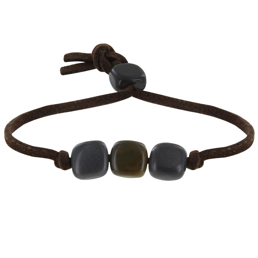 LES POULETTES BIJOUX Bracelet Trois Cubes de Tagua Gris et Kaki Lien en Suédine