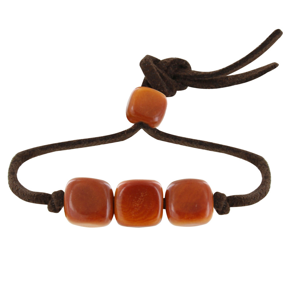 LES POULETTES BIJOUX Bracelet Trois Cubes de Tagua Lien en Suédine - Marron clair
