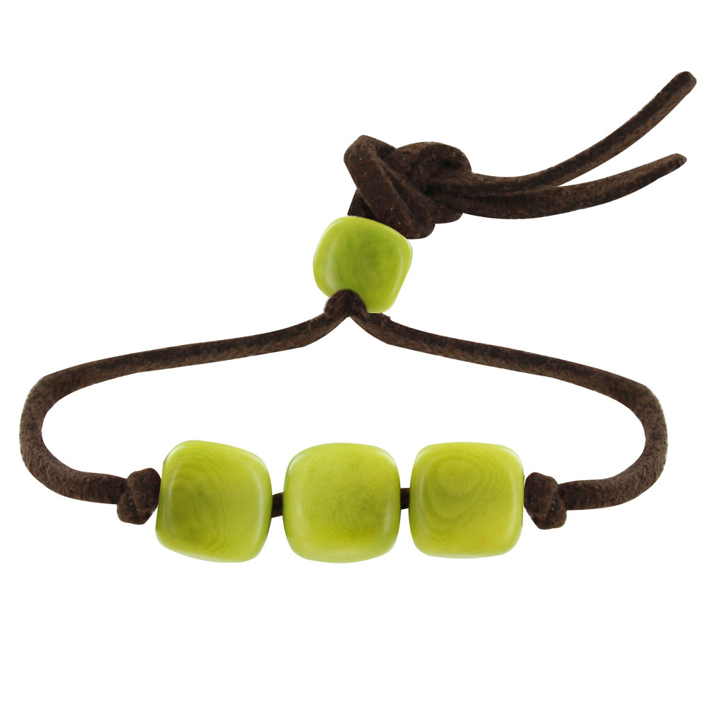 LES POULETTES BIJOUX Bracelet Trois Cubes de Tagua Lien en Suédine - Vert