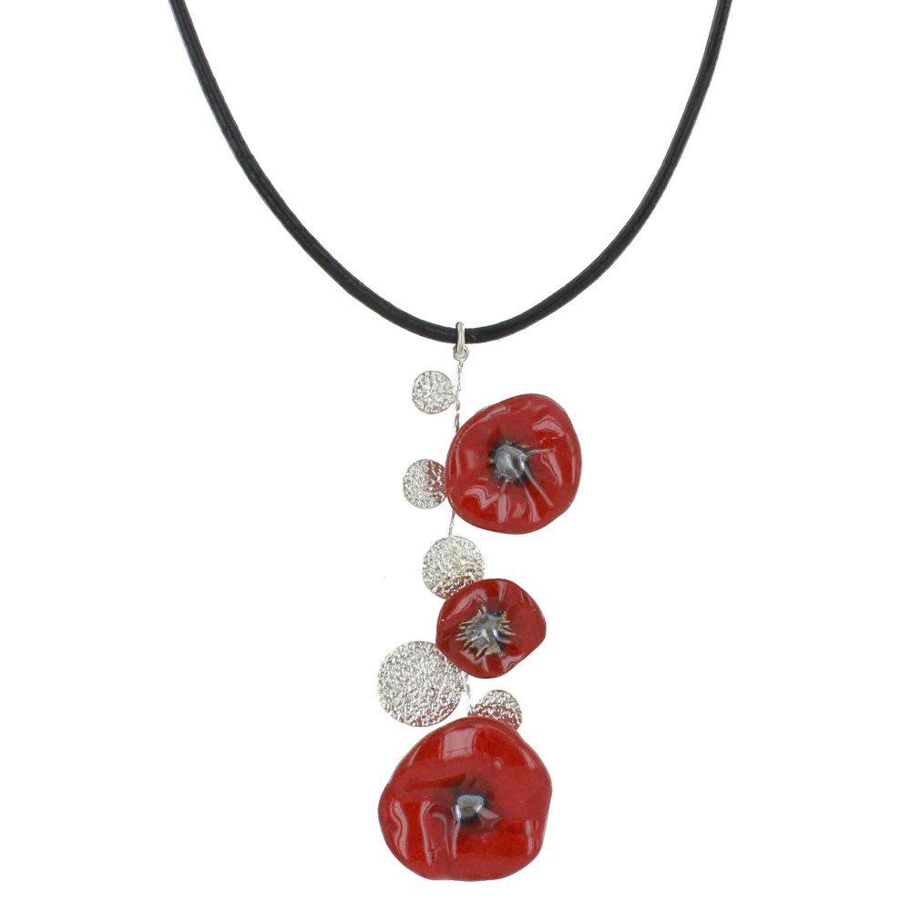 LES POULETTES BIJOUX Collier Lien Cuir Noir Tige Metal Argenté Trois Coquelicots Cér