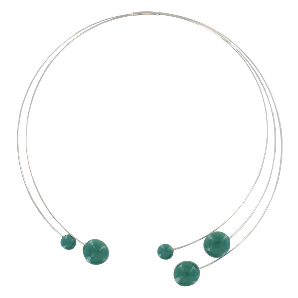 LES POULETTES BIJOUX Collier Ras de Cou Torque Métal Cinq Galets de Céramique - Vert