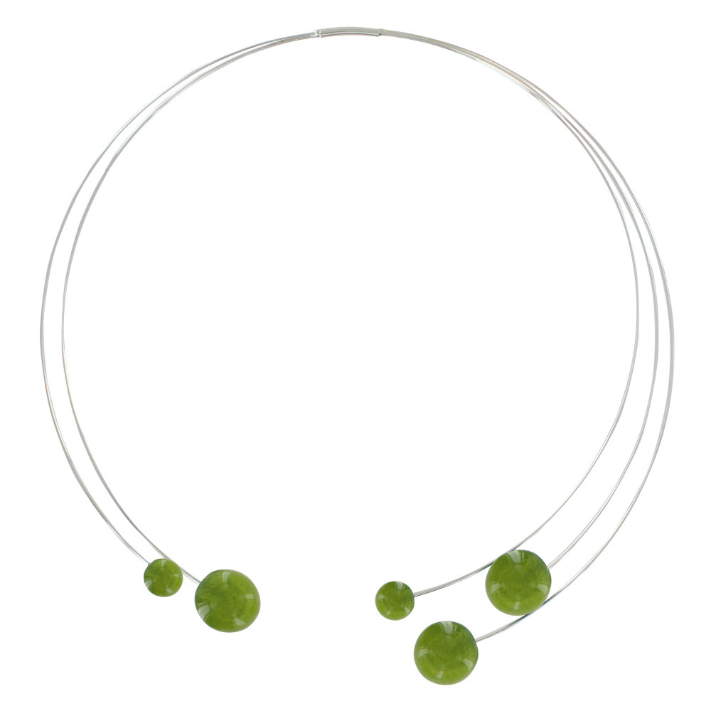 LES POULETTES BIJOUX Collier Ras de Cou Torque Métal Cinq Galets de Céramique - Vert