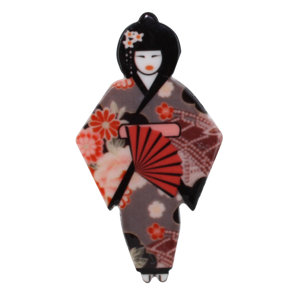 LES POULETTES BIJOUX Broche Céramique Geisha et Eventail - Fuchsia