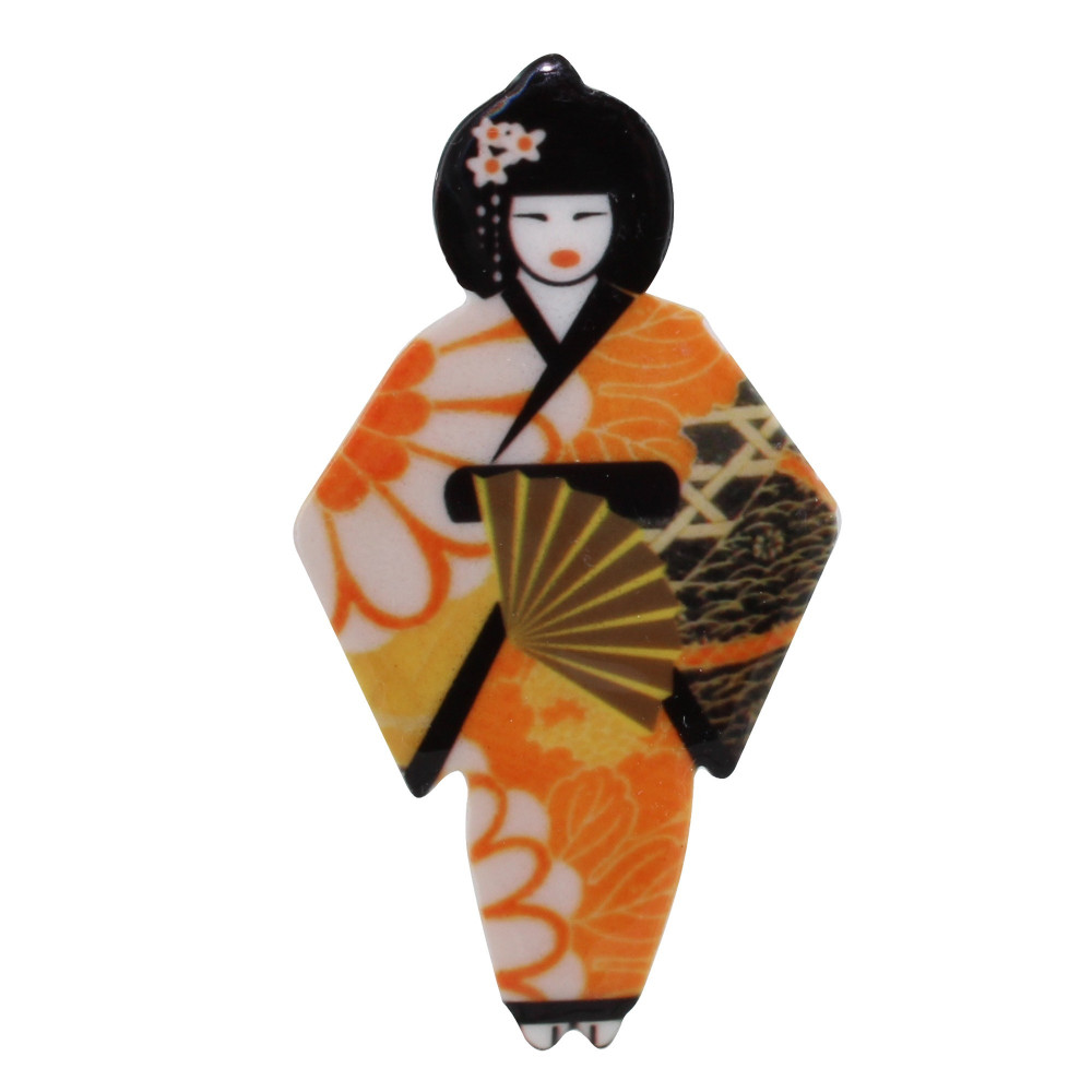 LES POULETTES BIJOUX Broche Céramique Geisha et Eventail - Orange
