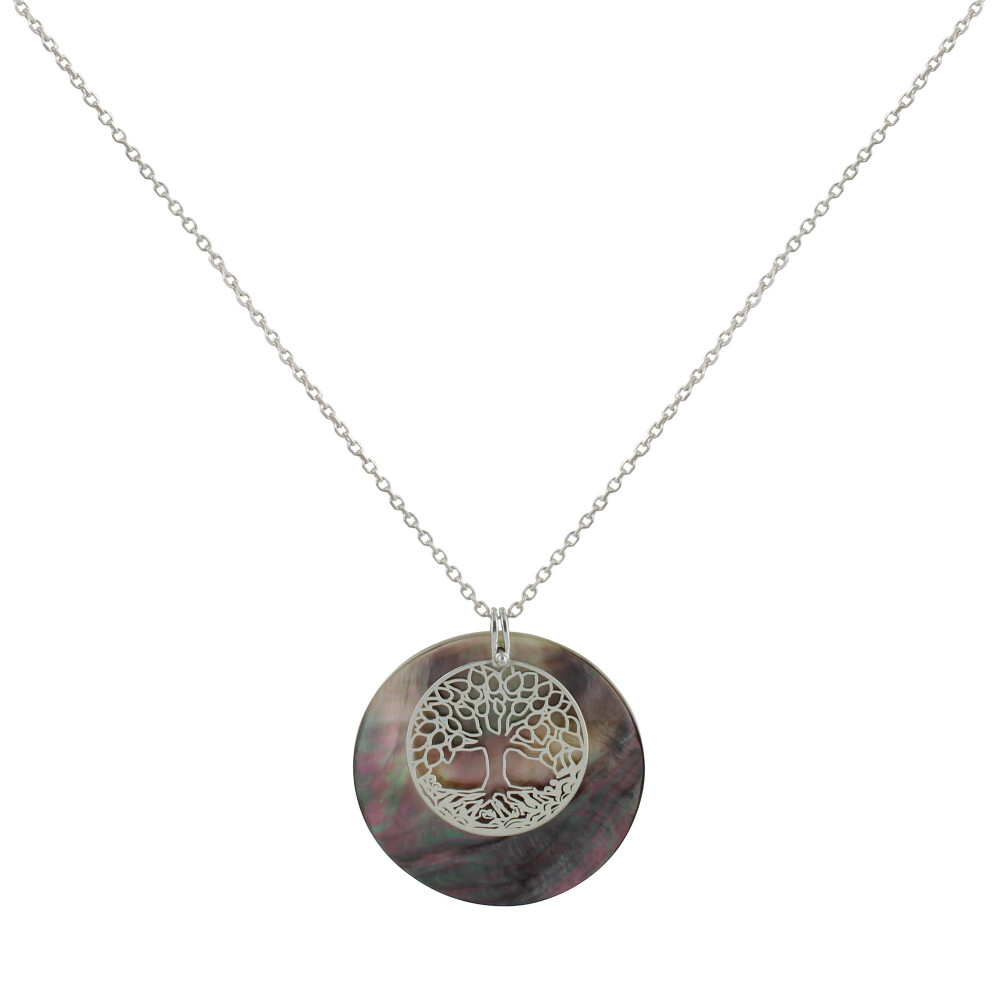 LES POULETTES BIJOUX Collier Sautoir Chaine Argent Cercle de Nacre Grise et Arbre de