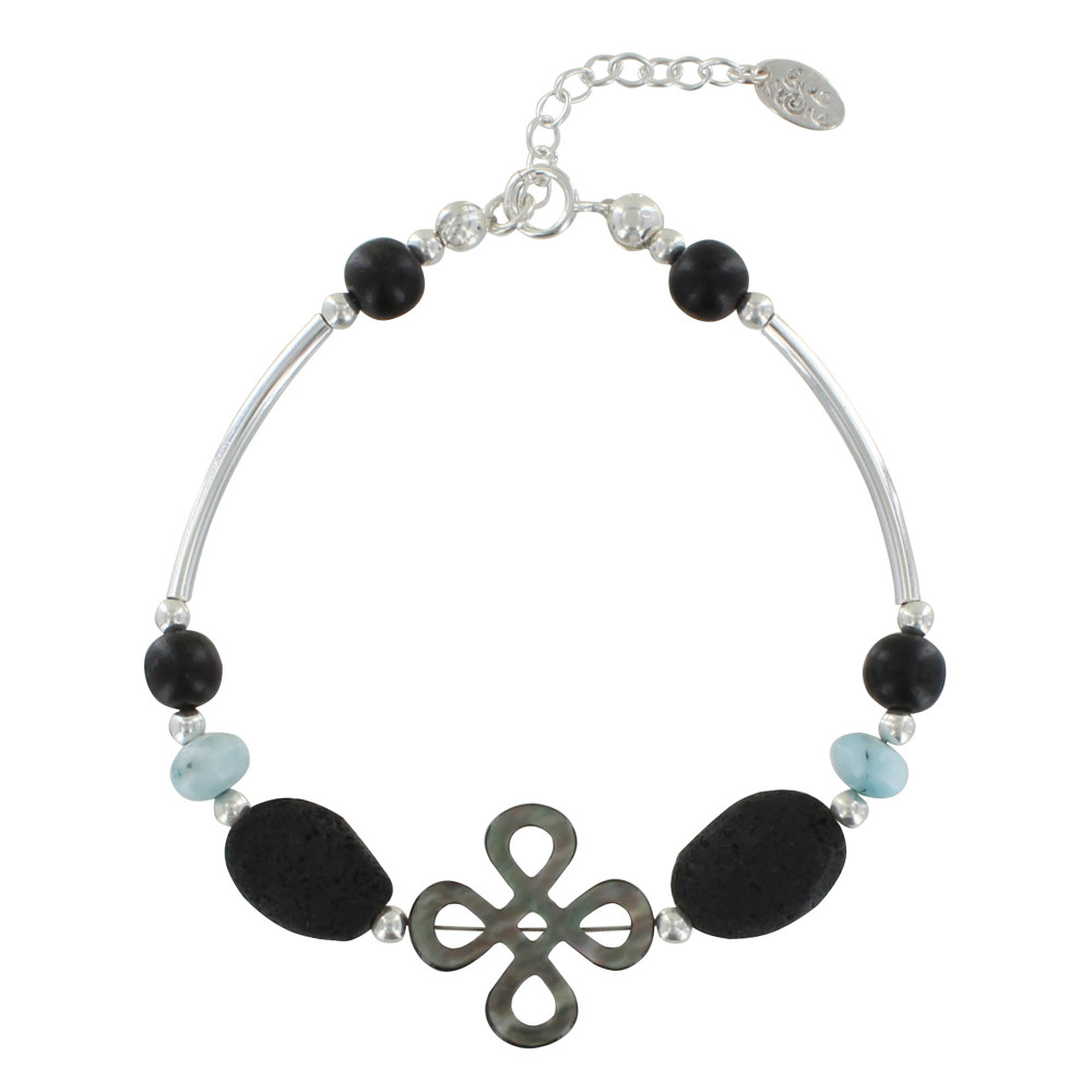 LES POULETTES BIJOUX Bracelet Tube Argent 925 Trèfle de Nacre Perles de Larimar et L