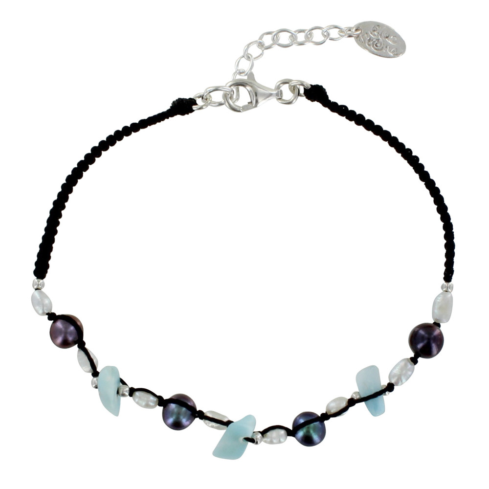 LES POULETTES BIJOUX Bracelet Lien en Coton Tréssé Noir Perles de Keshi d'Eau Douce