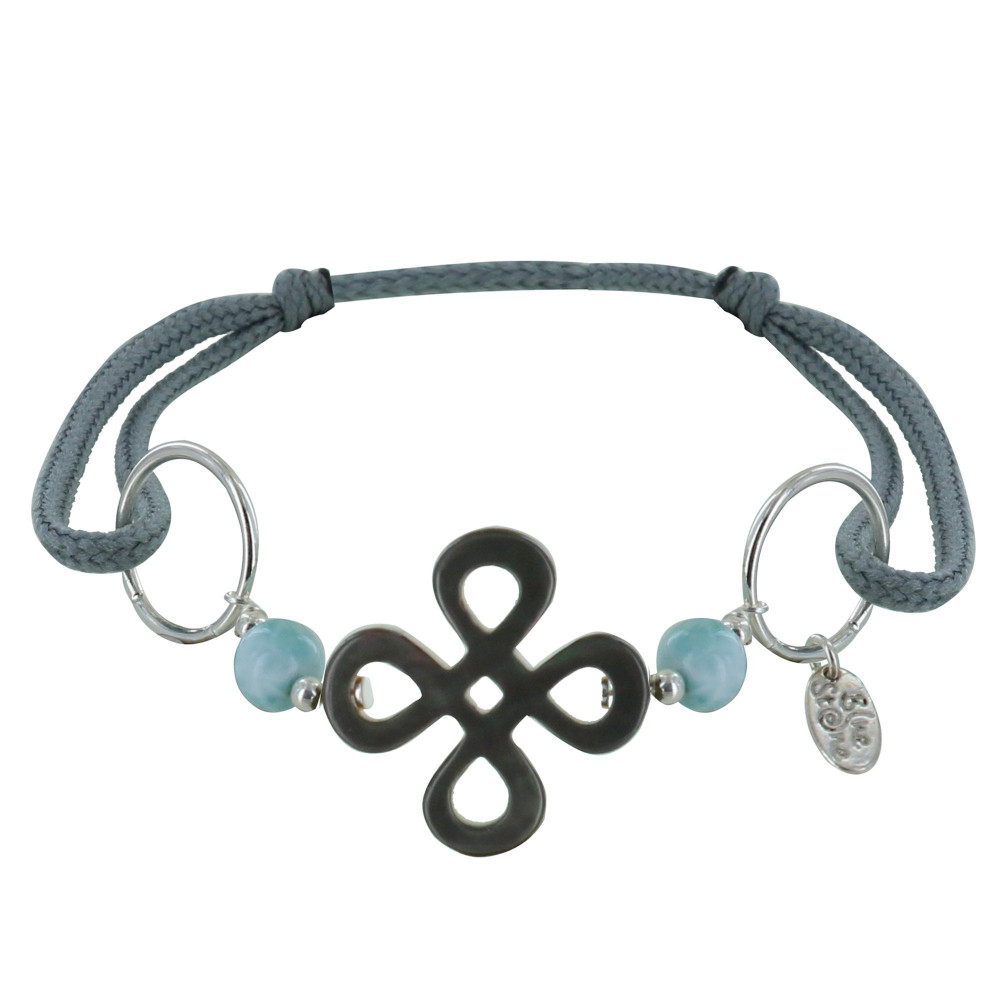 LES POULETTES BIJOUX Bracelet Lien Gris Trèfle en Nacre Perles de Larimar et Anneaux