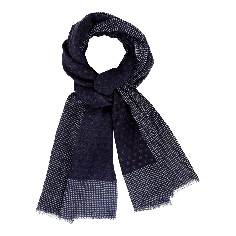 LES POULETTES BIJOUX Echarpe 100% Laine Bleu Marine Et Pois Marron - Bordure Plumeti