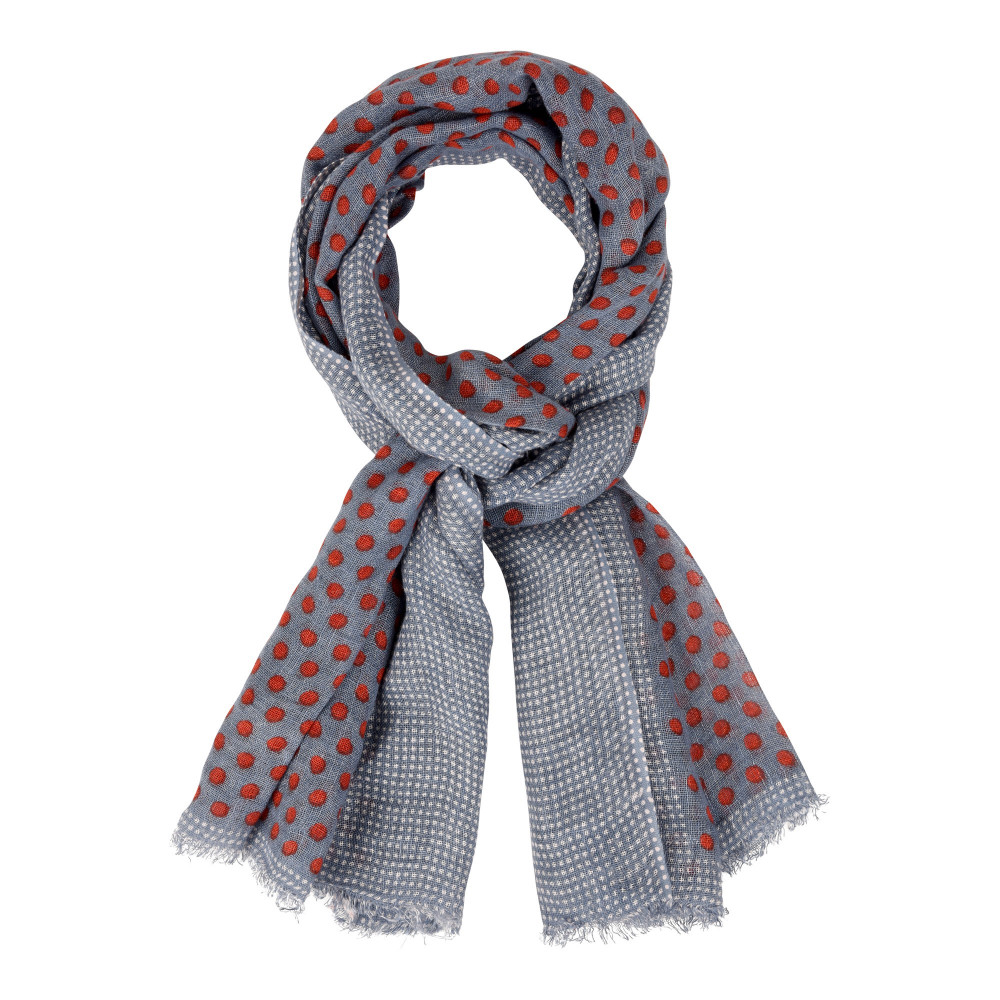 LES POULETTES BIJOUX Echarpe 100% Lin Bleu Et Pois Rouge - Bordure Plumetis Blancs