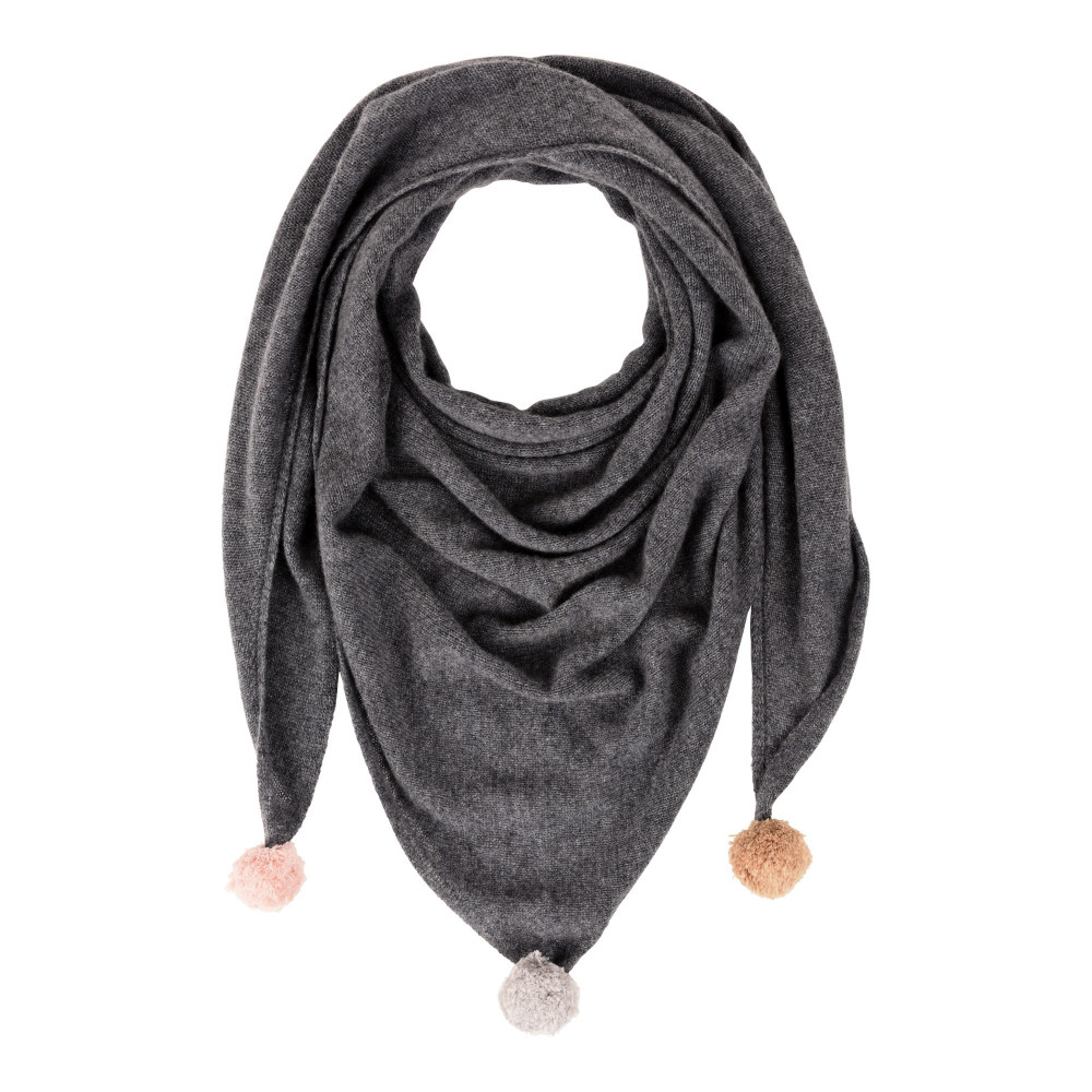 LES POULETTES BIJOUX Echarpe Triangle Pompom / Rose Beige Marron Clair 100% Cachemir