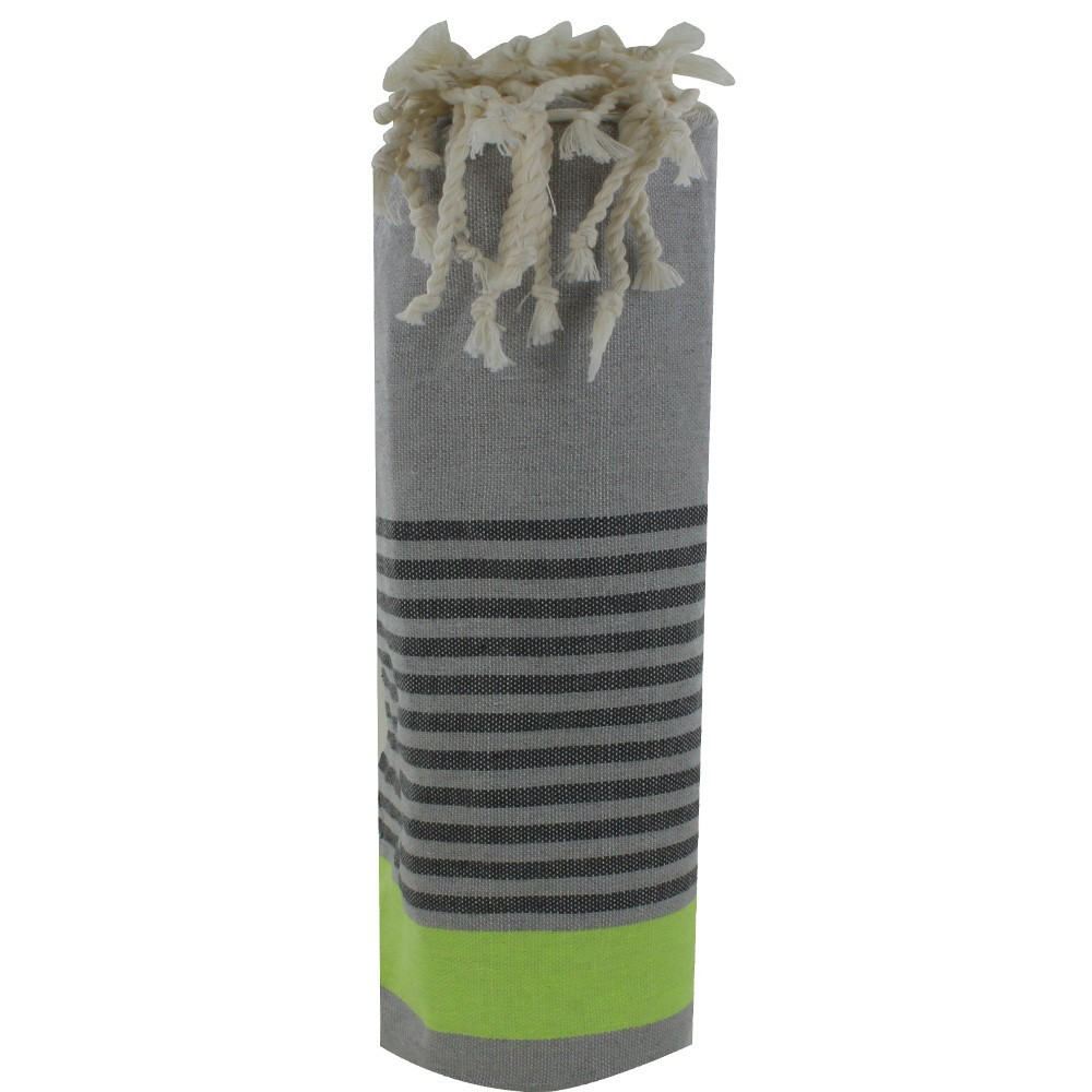 LES POULETTES BIJOUX Fouta Drap Plage et Hammam Coton Couleur Gris Clair Bande Verte