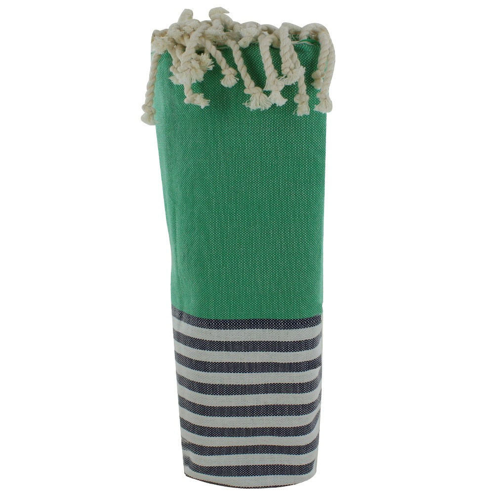 LES POULETTES BIJOUX Fouta Drap Plage et Hammam Coton Couleur Vert Rayé Blanc et Ble