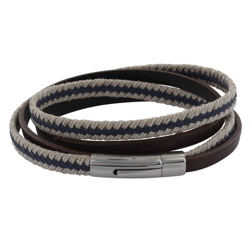 LES POULETTES BIJOUX Bracelet Homme Double Tour Cuir Marron Foncé Tresse en Lin Bleu