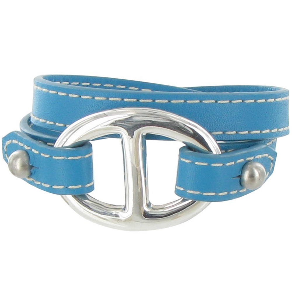 LES POULETTES BIJOUX Bracelet Double Tour Cuir et Maille Marine Argent 925 - Colors