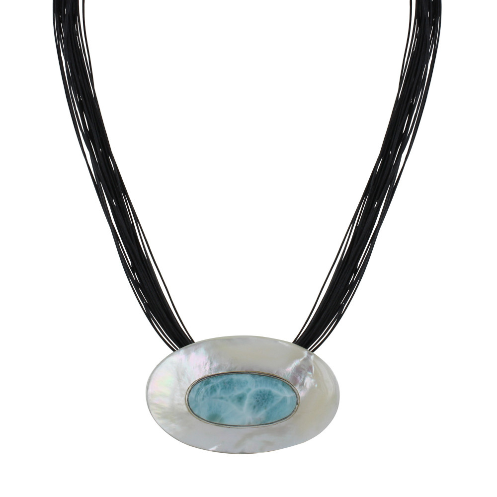 LES POULETTES BIJOUX Collier Multi Liens Cuir Noir Grand Oval de Nacre et Larimar