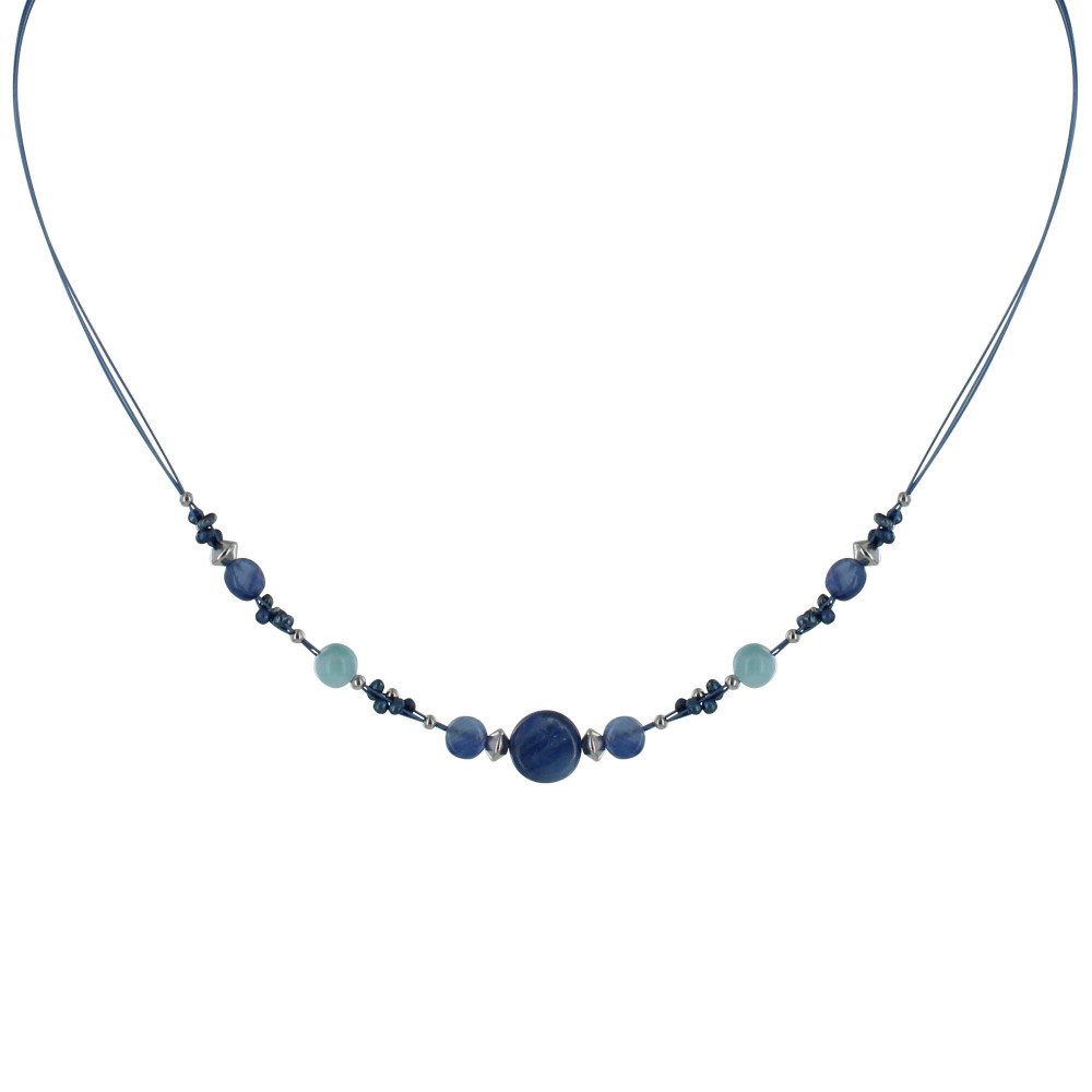 LES POULETTES BIJOUX Collier Câbles Bleus Boutons Cyanite et Perles de Larimar