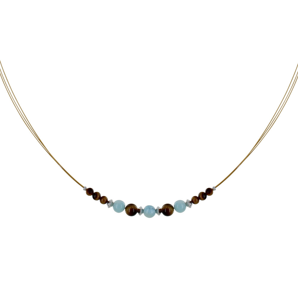 LES POULETTES BIJOUX Collier Câbles Dorés Perles Oeil de Tigre et Larimar