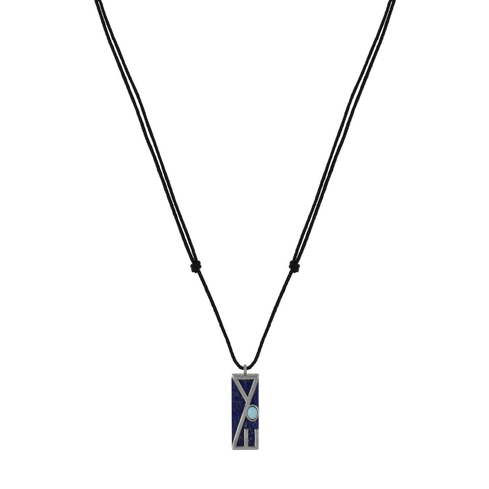 LES POULETTES BIJOUX Collier Homme Lien Noir Rectangle Lapis Lazuli et Perle de Lari